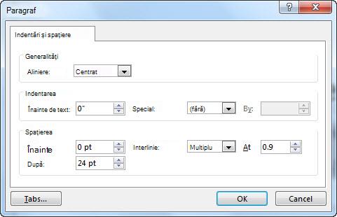 Caseta de dialog Paragraf în PowerPoint