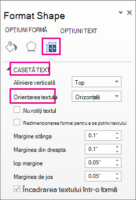 Selecting text direction in the Format Shape pane