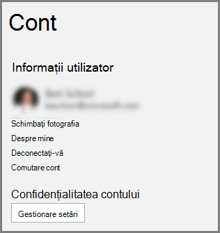 Panoul de cont care prezintă butonul Confidențialitate cont, Gestionare setări