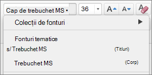 Captura de ecran arată opțiunile de Fonturi temă pentru Titluri și Corp, care sunt disponibile prin intermediul controlului listă verticală Font din grupul Font, în fila Pornire.
