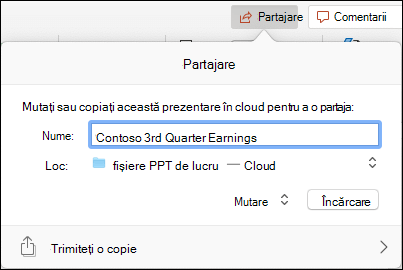 Casetă de dialog care oferă încărcarea prezentării în spațiul de stocare Microsoft din cloud pentru o partajare fără probleme.