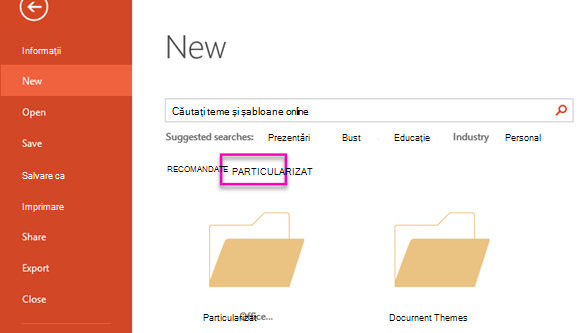 Pe pagina Fișier nou, selectați Particularizat pentru a accesa șablonul pe care l-ați creat.