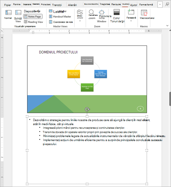 Captură de ecran afișând un diapozitiv dintr-un pachet de diapozitive PowerPoint cu notele sale asociate.
