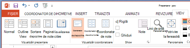 Butonul Coordonator de diapozitive se află pe fila Vizualizare din panglică.