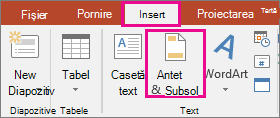 afișează butonul inserare > antet din powerpoint