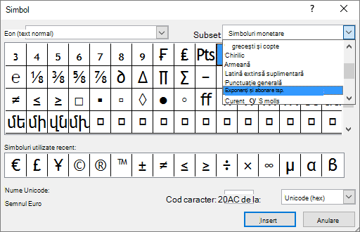 Afișează subsetul Indice și Exponent în caseta de dialog Simbol din PowerPoint