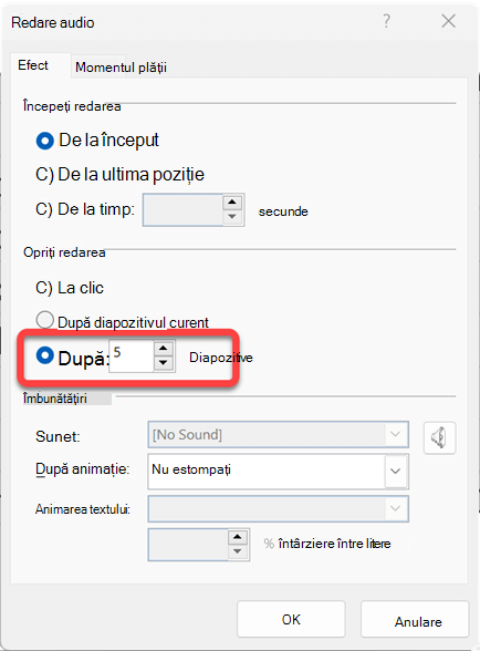 Puteți specifica numărul de diapozitive peste care va fi redat clipul audio.