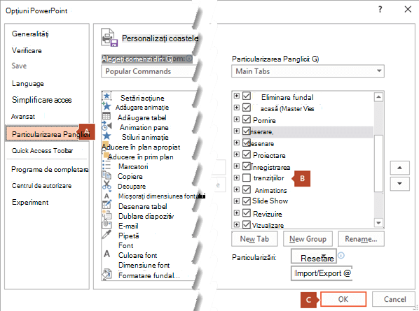 Fila Particularizare Panglică din caseta de dialog Opțiuni PowerPoint 2016 are o opțiune pentru adăugarea filei Înregistrare în panglica PowerPoint.