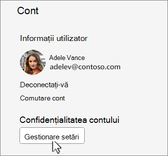 Caseta de dialog Cont cu butonul Gestionare setări selectat.