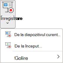 Comenzile Înregistrare expunere diapozitive pe fila Înregistrare din PowerPoint.