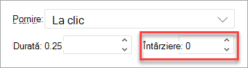 Câmpul Întârziere la aplicarea unei animații în PowerPoint pe web.
