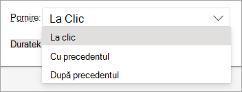 Selectorul vertical Start atunci când aplicați o animație în PowerPoint pentru web.