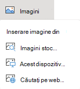 Pe fila Inserare din panglică, selectați Imagini, apoi, în meniu, alegeți tipul de imagine dorit.