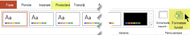Butonul Formatare fundal se află pe fila Proiectare din panglica PowerPoint