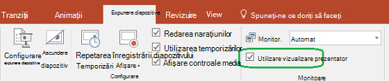 Fila Expunere diapozitive din PowerPoint are o casetă de selectare pentru a controla dacă Vizualizarea prezentator este utilizată atunci când faceți o prezentare pentru alte persoane.