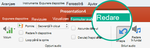 Atunci când este selectat un clip audio dintr-un diapozitiv, în bara de instrumente din panglică apare fila Redare pentru setarea opțiunilor de redare.