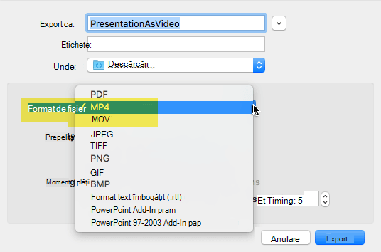 Abonații Office 365 pot exporta o prezentare în format video ca fișier MP4 sau MOV