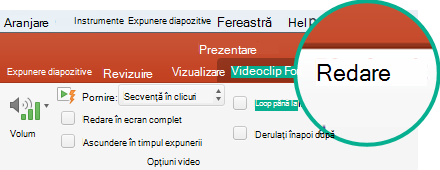 Atunci când este selectat un videoclip într-un diapozitiv, în bara de instrumente din panglică apare fila Redare, care vă permite să setați opțiunile de redare a videoclipului.
