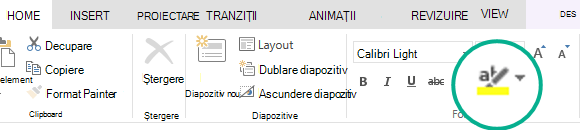 Butonul Evidențiere text se află pe fila Pornire a panglicii în PowerPoint Online