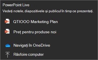 Captură de ecran a meniului de partajare PowerPoint Live afișând opțiunile de fișiere și Răsfoire OneDrive și Răsfoire fișierele mele.