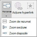 Afișează diferite tipuri de zoomuri care pot fi selectate atunci când accesați Inserare > zoom: Zoom de rezumat, Zoom diapozitiv și Zoom secțiune.