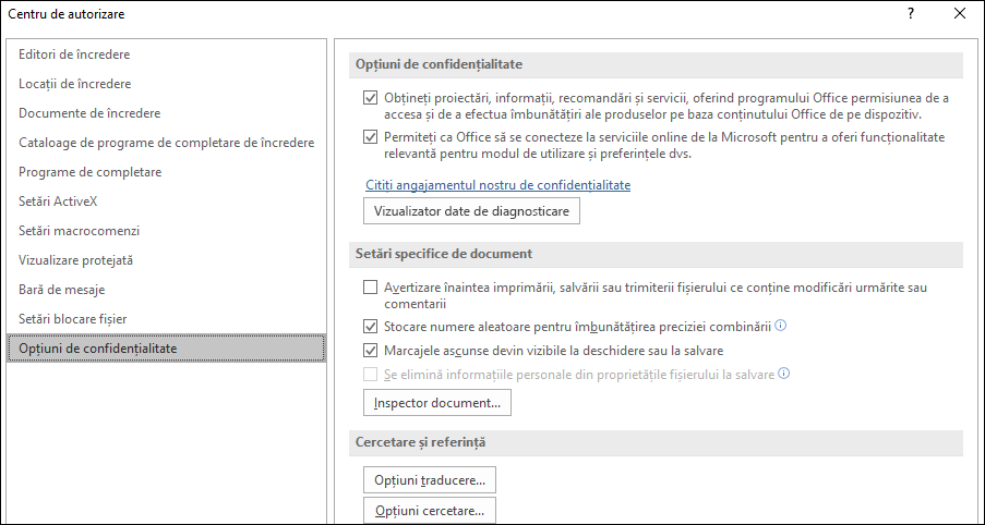 Opțiuni de confidențialitate pentru Centrul de autorizare Office