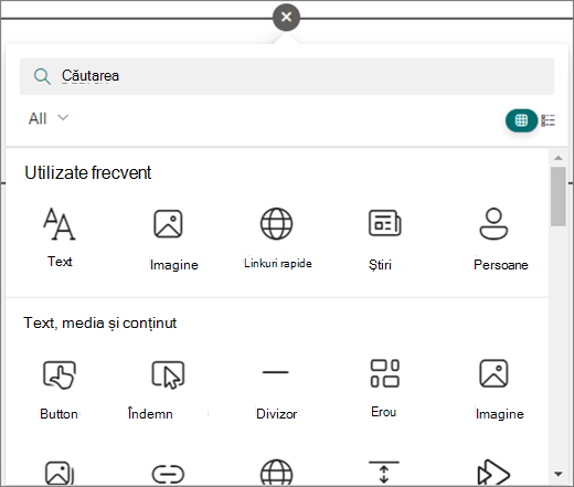 Selectați cercul dintr-o pagină SharePoint pe care o editați pentru a vedea părțile web disponibile.
