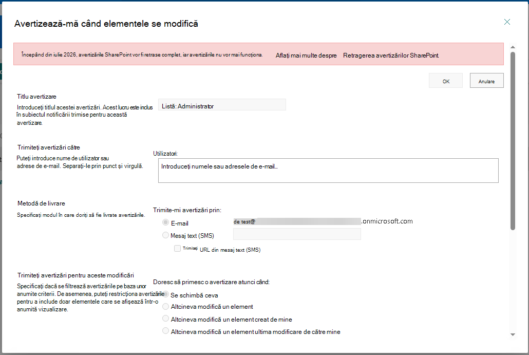 Afișează caseta de dialog de creare a avertizărilor cu bannerul care explică faptul că avertizările SharePoint sunt retrase