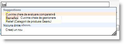 Când începeți să tastați un cuvânt cheie, vă sunt sugerați termeni disponibili și cuvinte cheie existente.