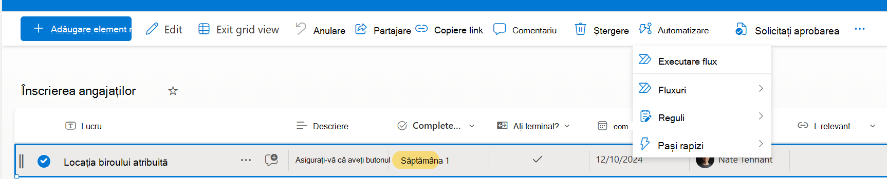 Element selectat cu opțiunea de a rula un pas rapid