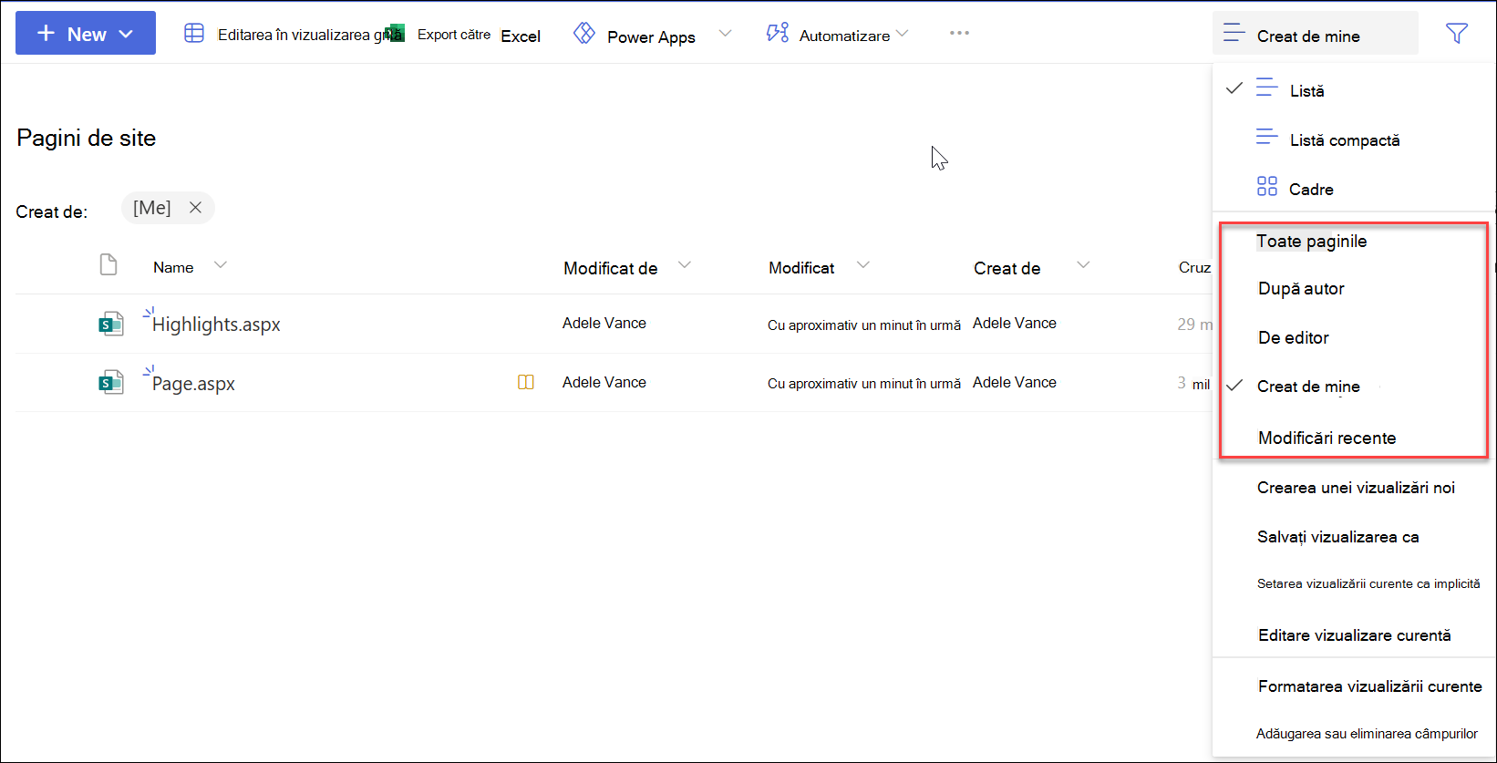 Captură de ecran a filtrării paginilor