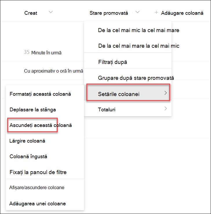 Captură de ecran cu ascunderea unei coloane