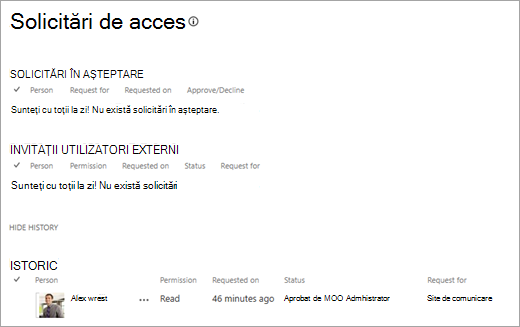 Vizualizarea Solicitări de acces care afișează istoricul solicitărilor.