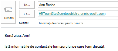 Mesaj de e-mail având cutia poștală de site inclusă în câmpul CC.