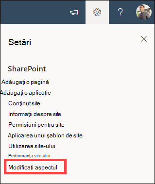 Opțiunea Setări deschisă cu modificarea aspectului evidențiat.
