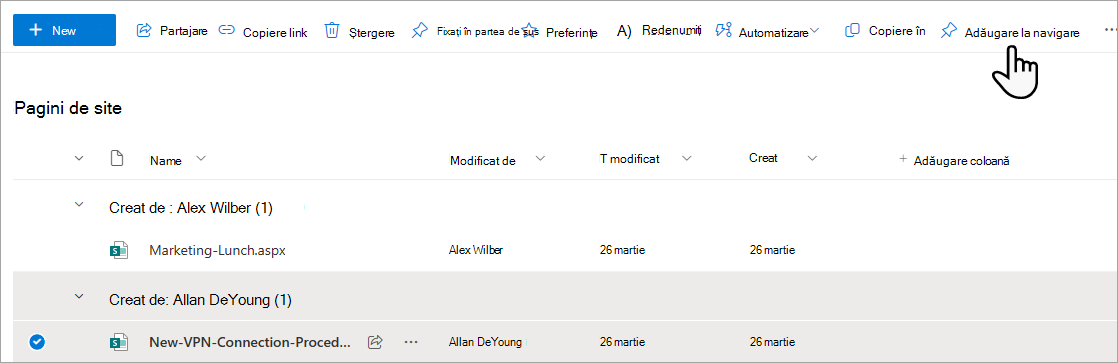 Adăugarea unei pagini la meniul din Pagini site.