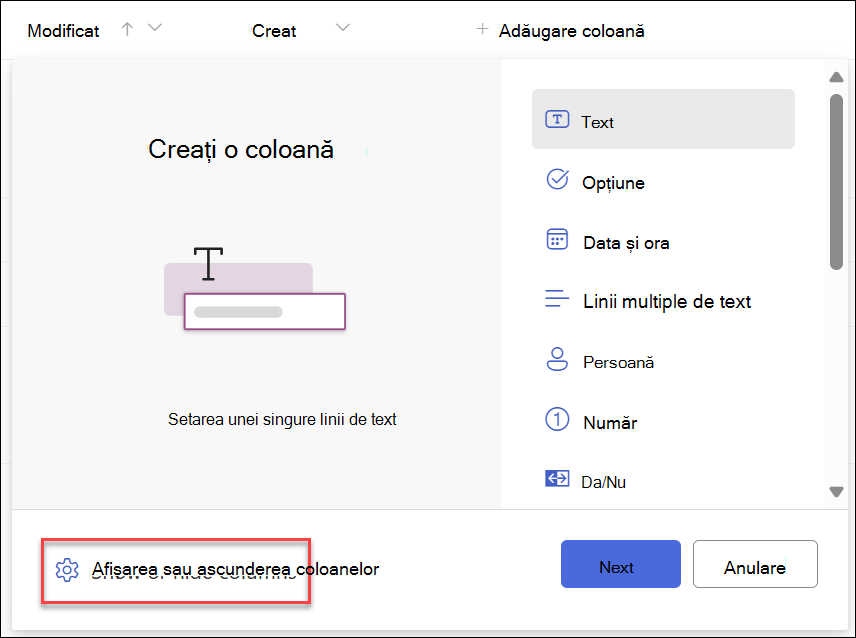 Captură de ecran cu Afișare ascundere coloane selectată