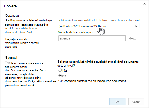 Caseta de dialog Copiere cu URL selectat.