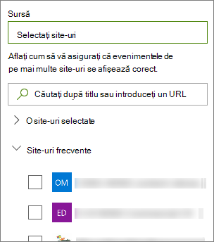 Selectarea unei surse pentru Evenimente