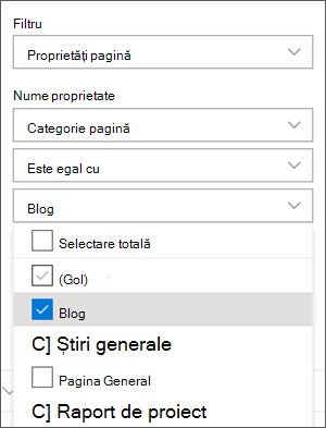 Filtru setat la Bloguri în panoul părții web Știri