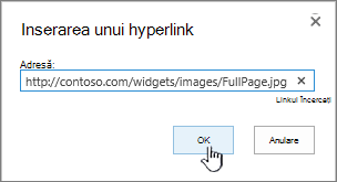 Caseta de dialog Hyperlink cu adresa web și butonul OK evidențiate