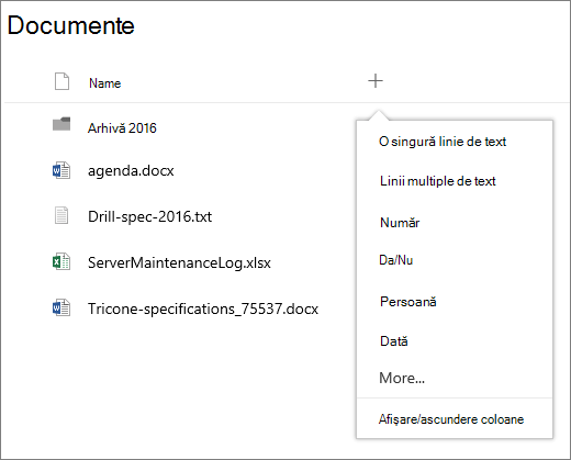 Adăugarea unei liste verticale de coloană dintr-o bibliotecă de documente conectată la grup
