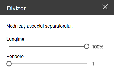 Panoul de detalii al părții web Divider din SharePoint Online, în timpul editării unui site