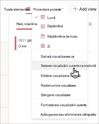 Captură de ecran care arată cum să alegeți comanda Setare vizualizare curentă ca implicită în Liste.