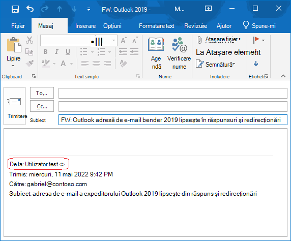 În corpul mesajului de e-mail lipsește adresa de e-mail a expeditorului mesajului original