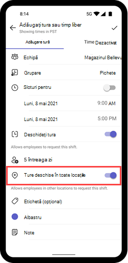Captură de ecran afișând comutatorul Deschidere tură între locații pentru o tură pe mobil.