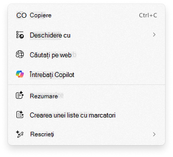 Captură de ecran a meniului contextual Clic pentru a face cu Întrebați-l pe Copilot