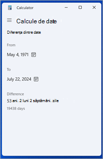 Calculul diferenței de dată în Calculator Windows.