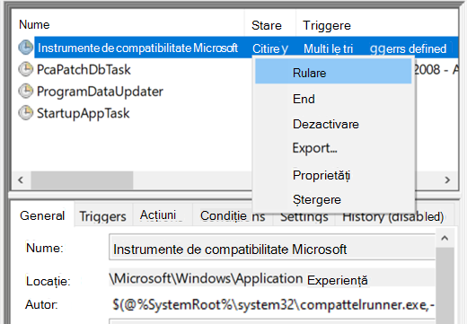 Rularea evaluatorului de compatibilitate Microsoft în Programatorul de activități.