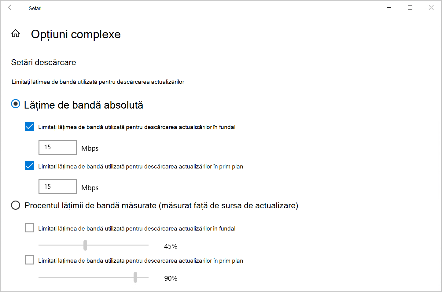 Captură de ecran a opțiunii Optimizare distribuire pentru a limita lățimea de bandă de descărcare în Windows 10.